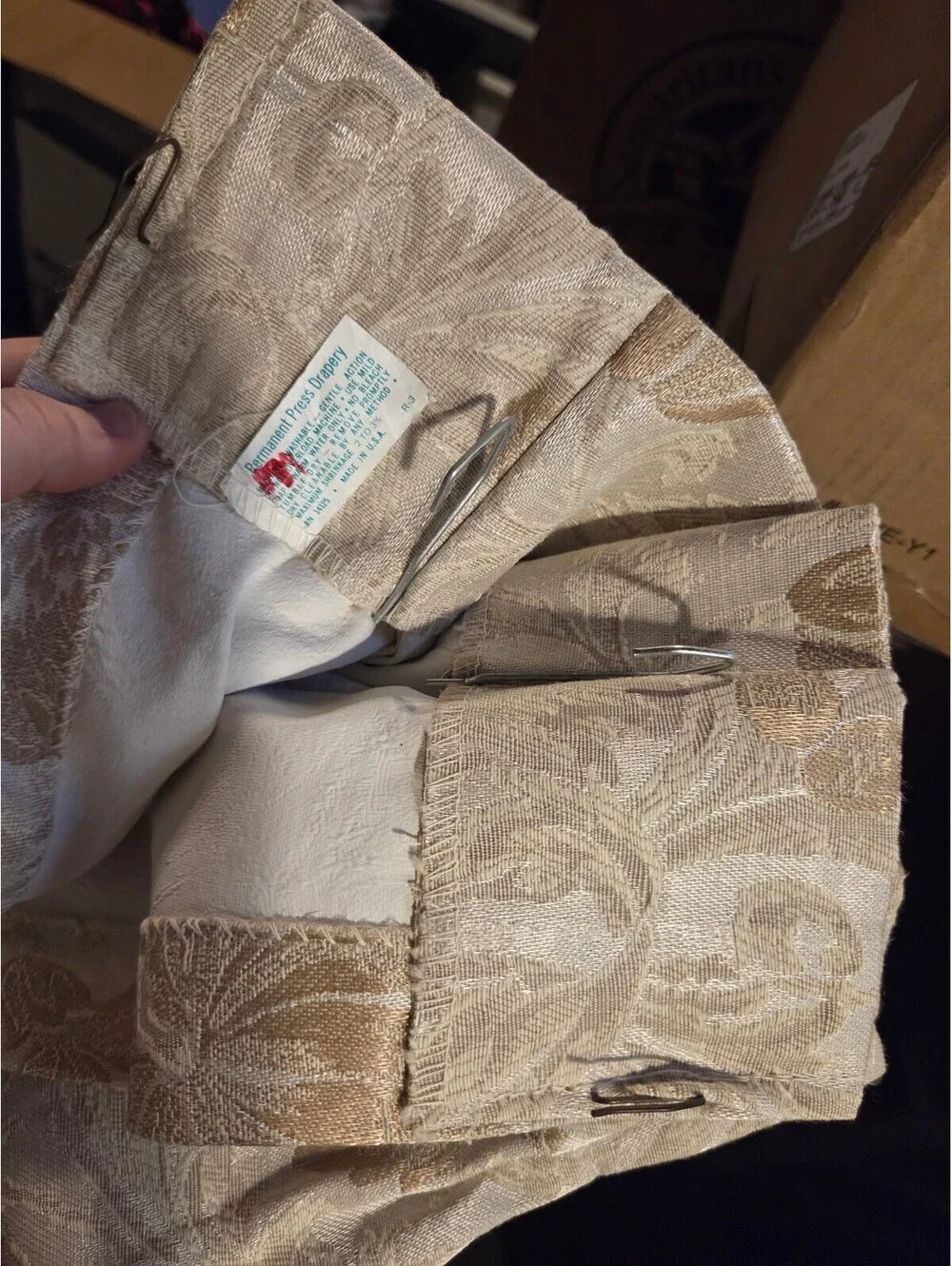 Vintage Permanent Press Floral Pinch Pleat Drapes Beige Tan Brocade Curtains 2PC